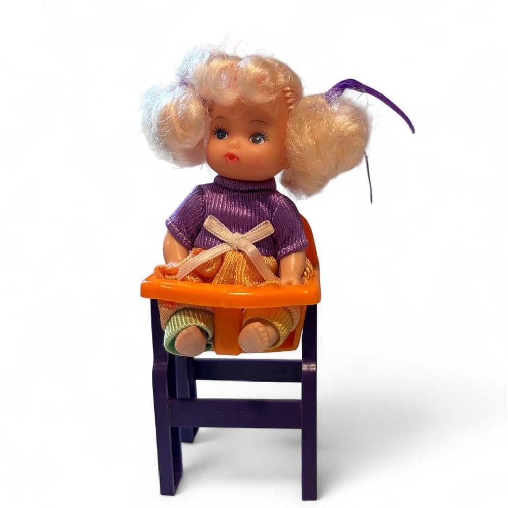 Vintage 1989 Citi Toy Soft Body Baby Doll with High Chair Purple Orange 5 inch